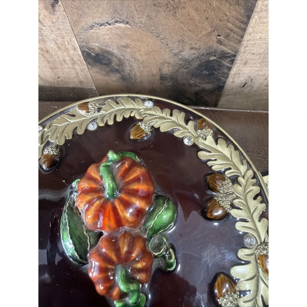 Vtg Olivia & Gracie Enamel Pumpkin Trinket Box Autumn Acorn Crystals Mirror Hing